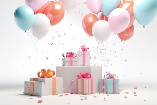 Gift boxes with color balloons and confetti, 3d render of birthday background with gift box, balloons and confetti, AI Generated