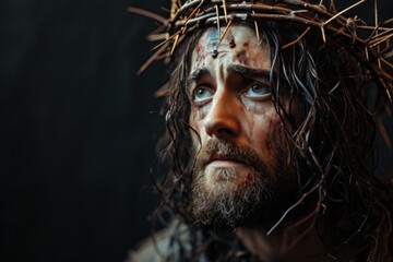 Reflecting triumph over suffering, this portrait of Jesus in a crown of thorns hints at the redemptive narrative of resurrection