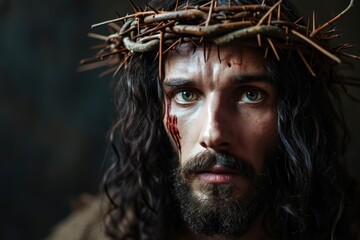 Portrait of Jesus Christ in a crown of thorns, concept of hope