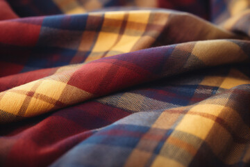a close up of a plaid blanket with a red and yellow design