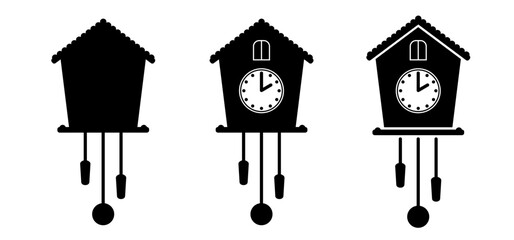 Cartoon cuckoo clock, wall clock sign. time icon. antique bird clock. Old bird pendulum clocks. Flat bird cuckoo-clock. 