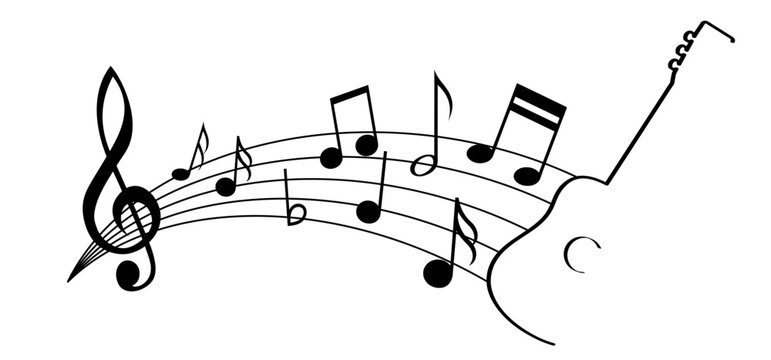 Musical notes stave and guitar line pattern. Guitar musical notes on stave. Fun vector key sign. Classic clef Doodle quaver G melody. Cartoon guitar en treble key.