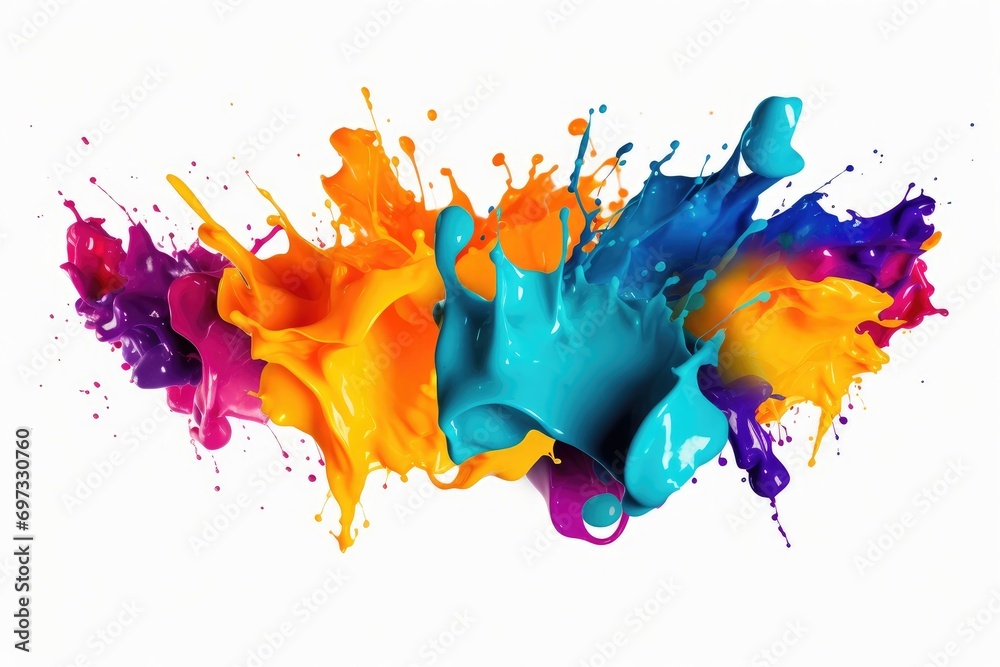 Poster colored paint splashes isolated on white background. 3d rendering, colorful paint splashes and blots