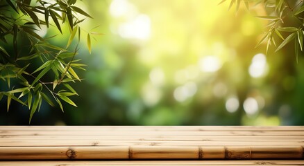 background view of a bamboo forest with a bamboo wooden table in front, can be used for product presentations, posters and others. generative AI - obrazy, fototapety, plakaty