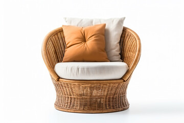 a wicker chair with a cushion and a pillow - obrazy, fototapety, plakaty
