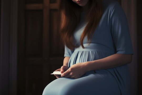 Pregnant woman holding a card in her hand, close up, Cropped image of a woman holding a pregnancy test on her knees, AI Generated