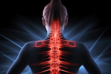 Female body with highlighted spine against blue light spot design on black background, Digital composite highlighting the spine of a woman in rear view with back pain, AI Generated