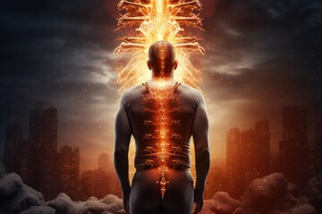 Digital composite of highlighted human body with lightning over city and sky background, Digital composite highlighting the spine of a woman in rear view with back pain, AI Generated