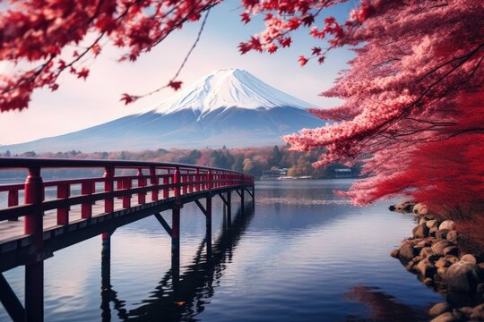 Mt Fuji and Cherry Blossom at Kawaguchiko lake in Japan. Colorful Autumn Season and Mount Fuji with morning fog and red leaves at Lake Kawaguchiko, AI Generated