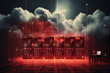 Digital composite of Servers in server room against red and blue background, Datos en la nube y red, Concepto de ciencia y tecnología, AI Generated