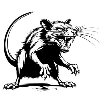 Angry mouse black and white silhouette, isolated on a white background
