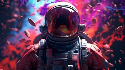 Astronaut in Red Suit Surrounded by Floating Colorful Leaves Under Vibrant Lighting