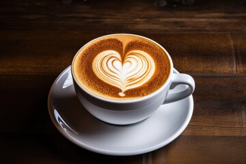 Coffee cup with latte art on wooden table background, Cup of cappuccino with a heart shape on the foam, AI Generated