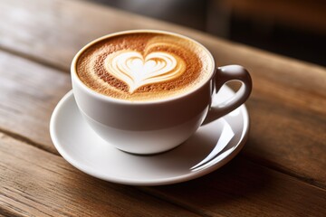 Coffee cup in coffee shop, latte art on wooden table, Cup of cappuccino with a heart shape on the foam, AI Generated