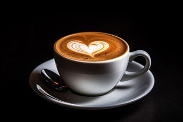 Cup of coffee latte art with heart shape on black background, Cup of coffee with a heart shape on a black background, presented in a closeup, AI Generated