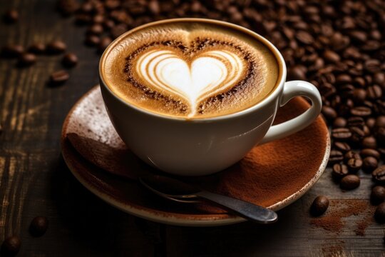 Cup of coffee with latte art and coffee beans on wooden background, Cup of cappuccino with a heart shape on thae foam, AI Generated