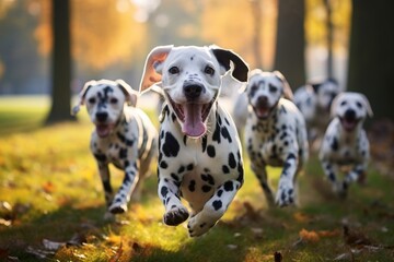 Group of Dalmatian dogs running in the park in autumn, Cute funny Dalmatian dogs group running and playing on green grass in the park in autumn, AI Generated