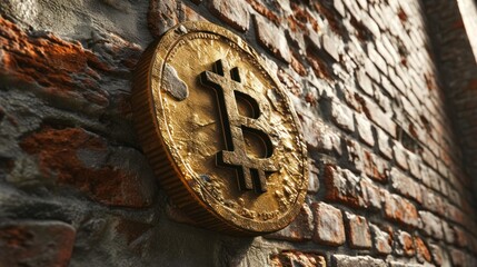 Bitcoin coin sign on brick wall