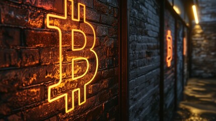 Bitcoin  neon sign on brick wall