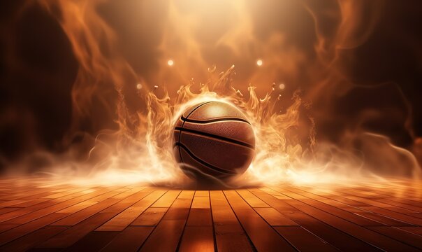 basketball photographed in the middle of the basketball court with the effects of spotlights and smoke. generative AI