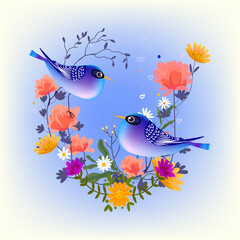 Cute birds flowers and leaves hand drawn floral element isolated on white background vector illustration.