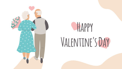 Elderly couple in love walking arm in arm.Valentine's Day.Grandparents.Banner with text.Vector stock illustration.