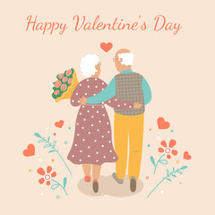 Elderly couple in love walking in an embrace.Valentine's Day.Grandparents.Greeting card.Vector stock illustration.