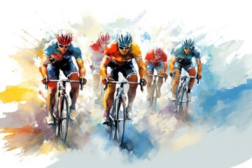 Cyclists in the desert of Egypt. 3D illustration, Color drawing of a cyclists' team riding on bicycles for a bike race banner, AI Generated