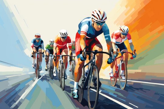 Group of cyclists on a road race. Colorful background. Vector illustration, Color drawing of a cyclists' team riding on bicycles for a bike race banner, AI Generated