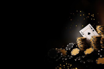 Casino theme: playing cards, chips and golden coins on black background, Concept of casino game poker, card playing, gambling chips in a black and gold style banner backdrop background, AI Generated