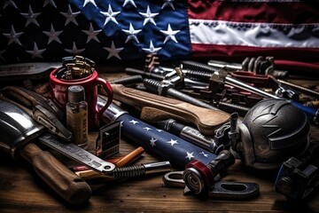 Variety of plumbing tools on rustic wooden background. Selective focus, Construction and manufacturing tools with the patriotic US, USA, American flag on a dark black background, AI Generated - obrazy, fototapety, plakaty
