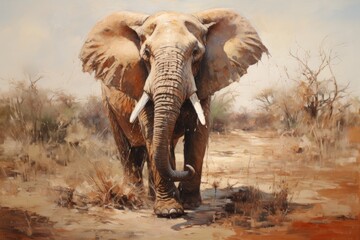 African elephant Loxodonta africana in the savannah, Contemporary oil on canvas painting of a...