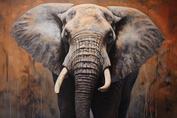 Elephant in the zoo, art and creative concept. Mixed media, Contemporary oil on canvas painting of...
