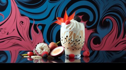 A dynamic composition featuring slices of dragon fruit and star fruit interspersed with artistic swirls of whipped cream, set against a modern, geometric backdrop.