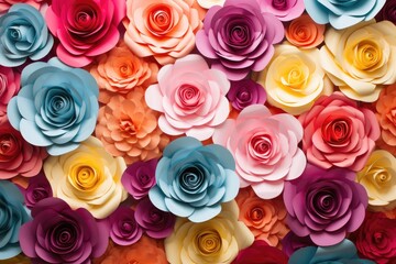 Colorful paper flowers background. Top view. Close-up, Create a backdrop of colorful paper roses, AI Generated