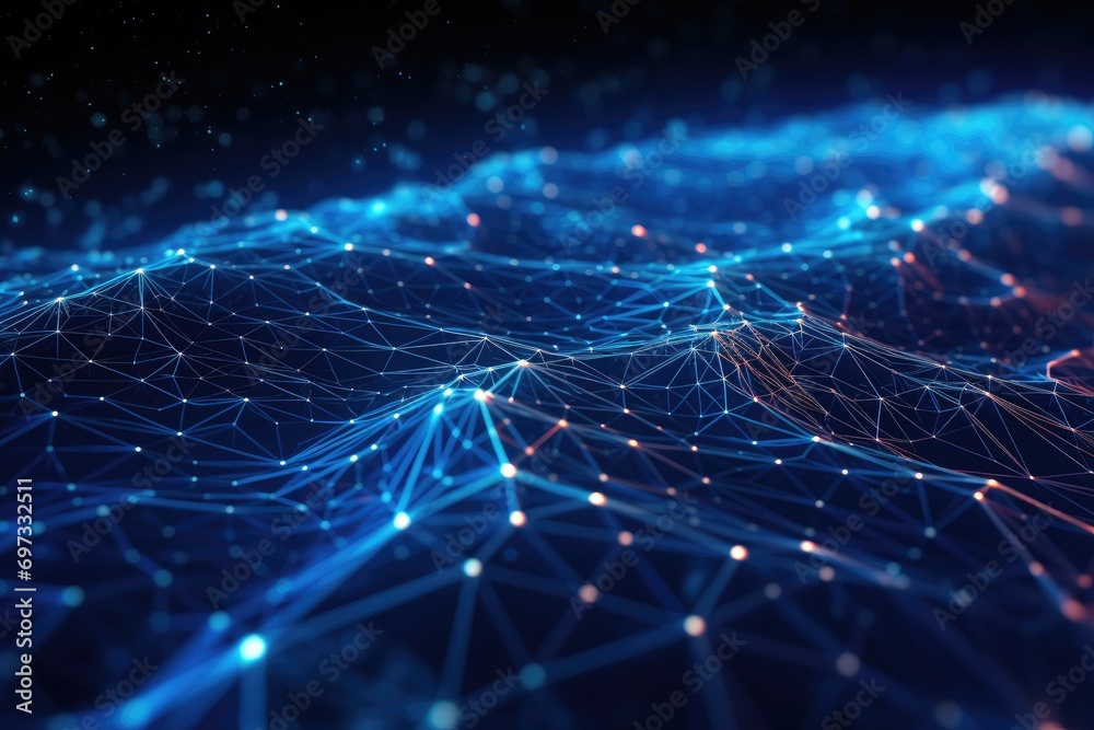 Poster 3d rendering of abstract technology background with connecting dots and lines. Network concept, Cyber big data flow, blockchain data fields, and network line connect stream, AI Generated