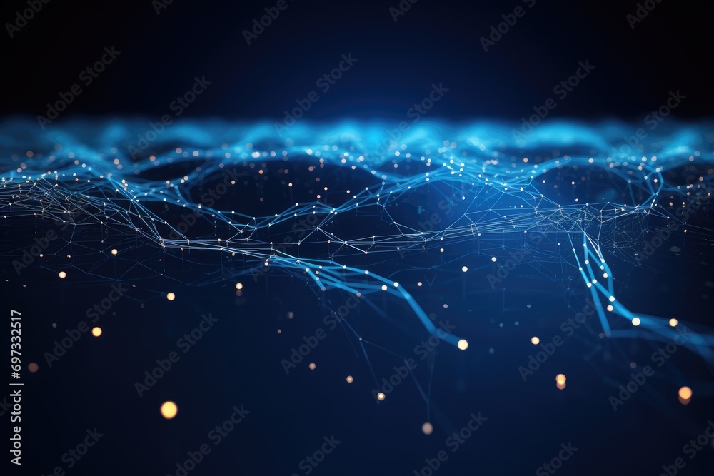 Poster abstract technology background with connection lines and dots. 3d rendering, cyber big data flow, bl