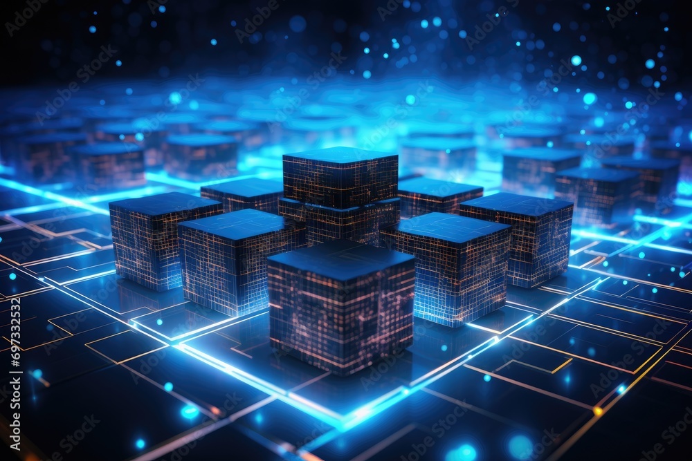 Poster abstract 3d illustration of a futuristic city with glowing lights and circuit, data computation laye