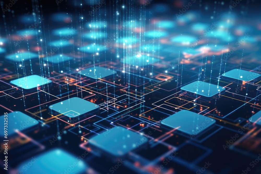 Poster circuit board, technology background, 3d rendering computer digital image, data computation layer re