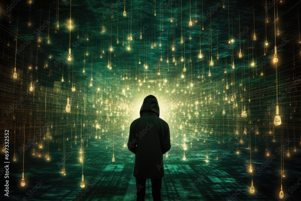 Poster a hacker in a hoodie standing in front of a glowing matrix background, depict an anonymous hacker su