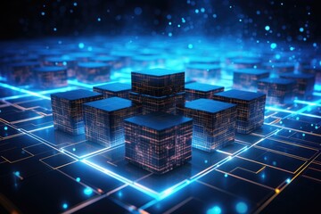 abstract 3d illustration of a futuristic city with glowing lights and circuit, Data computation layer representing blockchain, AI Generated