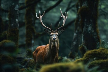 Red deer stag in forest during rutting season, UK, Deer in the wild HD 8K wallpaper stock photographic image, AI Generated