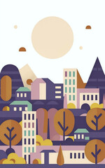 Minimalistic color design of a city, white background , minimalist colored, abstract two toned background of trees and bushes, and grass and sun, generative ai