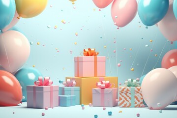 Colorful balloons background 3D Rendering, Celebratory background with color balloons, confetti, sparkles, lights, AI Generated