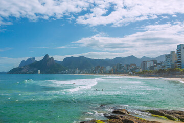 Rio de janeiro Brazil. Ipanema and Leblon beach and Two Brothers hill from Arpoador on a sunny day.