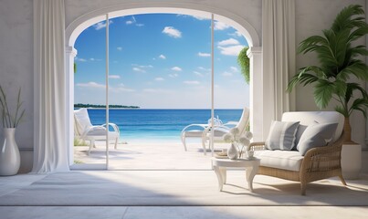 Obraz na płótnie Canvas The room with wide windows overlooks the blue sky beach