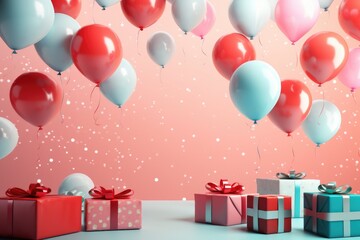 Colorful balloons background 3D Rendering, Celebratory background with color balloons, confetti, sparkles, lights, AI Generated