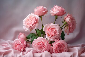 Bouquet of pink roses on a white table. Wedding decoration, Display pink roses on soft silk, AI Generated