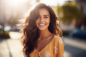 Obraz premium Beautiful young woman smiles happily in the summer city
