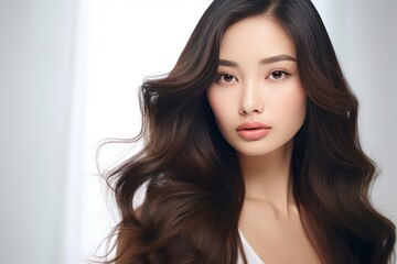 face of beautiful Asian woman with long,